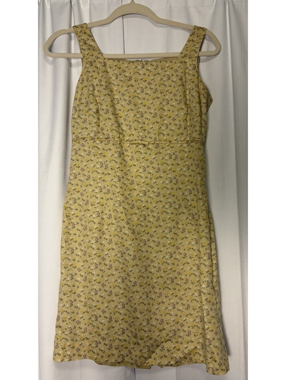 Vintage 90s Ann Taylor Square Neck Floral Yellow Cotton Mini Shift Dress Size 2